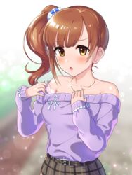  blush breasts brown_hair commentary_request female frown hair_ornament hair_scrunchie highres idolmaster idolmaster_cinderella_girls igarashi_kyoko jewelry looking_at_viewer medium_breasts natsuya_(natuya777) necklace off-shoulder_sweater off_shoulder open_mouth purple_sweater scrunchie side_ponytail solo sweater upper_body yellow_eyes 