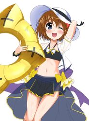  ;d arm_behind_head arm_up bikini bikini_skirt black_bikini blue_eyes bow bracelet brown_hair commentary cowboy_shot female hair_ornament hand_on_headwear hat hat_ribbon holding holding_swim_ring innertube jacket jewelry looking_at_viewer lyrical_nanoha mahou_shoujo_lyrical_nanoha mahou_shoujo_lyrical_nanoha_a&#039;s navel one_eye_closed open_mouth overskirt ribbon schwertkreuz short_hair short_sleeves simple_background smile solo standing sun_hat swim_ring swimsuit white_background white_hat white_jacket x_hair_ornament yagami_hayate yellow_bow yorousa_(yoroiusagi) 