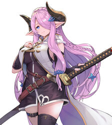  asymmetrical_gloves bad_id bad_pixiv_id belt black_footwear black_gloves black_thighhighs blue_eyes bottomless braid breasts demon_horns draph elbow_gloves female fingerless_gloves gloves granblue_fantasy hair_ornament hair_over_one_eye hairclip highres horns katana kurosawa_tetsu large_breasts light_purple_hair long_hair low_tied_hair narmaya_(granblue_fantasy) pointy_ears purple_hair single_braid single_thighhigh sleeveless solo sword thigh_strap thighhighs uneven_gloves weapon 