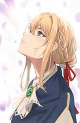  ascot blonde_hair blue_eyes bolo_tie braid commentary_request crown_braid female from_side gem green_gemstone hair_between_eyes hair_bun hair_intakes hair_ribbon highres jewelry looking_up necklace parted_lips petals red_ribbon renzu_(lens_02) ribbon short_hair single_hair_bun solo upper_body violet_evergarden violet_evergarden_(series) white_ascot 