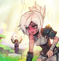  2girls armor bare_shoulders blush brown_corset bush corset dark-skinned_female dark_skin dress grass grey_hair grey_skirt hair_between_eyes karma_(league_of_legends) league_of_legends medium_hair multiple_girls outdoors phantom_ix_row purple_dress riven_(league_of_legends) short_hair single_bare_shoulder single_shoulder_pad skirt standing sun sweat teeth tongue tongue_out upper_body 