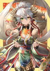  breasts cleavage facial_mark female green_eyes grey_hair hair_ornament hairband heterochromia japanese_clothes kaede_(p&amp;d) kanaria_hisagi leaf maple_leaf obi open_mouth outstretched_hand puzzle_&amp;_dragons sash thighhighs twitter_username whisker_markings yellow_eyes 