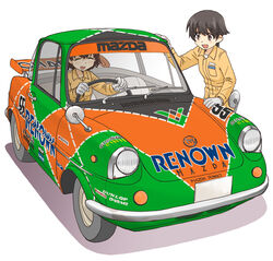  2girls brembo brown_eyes brown_hair car closed_eyes commentary driving dunlop freckles girls_und_panzer gloves jumpsuit logo long_sleeves looking_at_another mazda mazda_r360 mechanic motor_vehicle multiple_girls nakajima_(girls_und_panzer) open_mouth orange_jumpsuit shadow short_hair smile tsuchiya_(girls_und_panzer) uniform uona_telepin vehicle_focus white_gloves world_sportscar_championship 