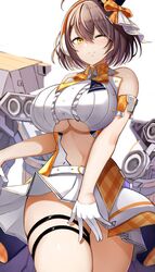  ahoge azur_lane baltimore_(azur_lane) baltimore_(muse)_(azur_lane) bare_shoulders bow braid breasts brown_hair center_opening closed_mouth clothing_cutout female gloves hair_between_eyes hat highres idol large_breasts looking_at_viewer mini_hat navel official_alternate_costume one_eye_closed orange_bow pnatsu short_hair simple_background sleeveless smile solo standing thigh_strap thighs underboob underboob_cutout white_background white_gloves yellow_eyes 