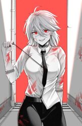  absurdres ahoge alley arm_tattoo black_necktie black_pants black_survival blood blood_in_hair blood_on_arm blood_on_clothes blood_on_face blood_on_wall breasts chainsaw_man collared_shirt commentary_request cosplay cowboy_shot cross_scar denji_(chainsaw_man) denji_(chainsaw_man)_(cosplay) dress_shirt female grin hair_between_eyes highres jackie_quilt kisa_(leg3043) korean_commentary limited_palette long_bangs looking_at_viewer medium_breasts medium_hair neck_tattoo necktie pants red_eyes revision scar scar_on_face sharp_teeth shirt shirt_partially_tucked_in sleeves_rolled_up smile solo tattoo teeth white_hair white_shirt 