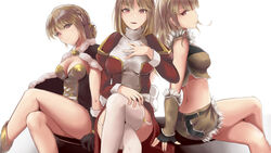  3girls :d back_bow black_cape black_gloves blonde_hair bow braid breasts brown_shorts cape cecil_damon cleavage closed_mouth crossed_legs dress fingerless_gloves fur-trimmed_cape fur-trimmed_shorts fur_trim garter_straps gloves gold_trim hair_bun hand_on_own_chest high_priest_(ragnarok_online) high_wizard_(ragnarok_online) juliet_sleeves kathryne_keyron long_hair long_sleeves looking_at_viewer margaretha_sorin medium_breasts multiple_girls open_mouth pink_eyes puffy_sleeves ragnarok_online red_dress sail_(sail-away) sash short_hair shorts simple_background sitting sleeve_cuffs smile sniper_(ragnarok_online) teeth thighhighs turtleneck turtleneck_dress two-tone_dress upper_teeth_only white_background white_bow white_dress white_sash white_thighhighs 