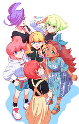  1boy 5girls aina_ardebit bae_(baebae) biar_colossus blue_eyes casual crop_top cropped_hoodie dark-skinned_female dark_skin dress green_hair hairband heris_ardebit highres hood hoodie lio_fotia lucia_fex multiple_girls odd_one_out otoko_no_ko pink_hair promare purple_hair red_hair sandals shorts siblings side_ponytail sisters thyma_(promare) twintails v 