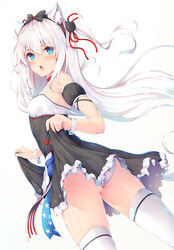  absurdres american_flag american_flag_print animal_ears azur_lane bare_shoulders blue_eyes blush bow breasts cat_ears chestnut_mouth choker cowboy_shot detached_sleeves dress fake_animal_ears female flag_print hair_ornament hair_ribbon hairbow hammann_(azur_lane) hammann_(retrofit)_(azur_lane) highres lifting_own_clothes long_hair looking_at_viewer nakazawa_aki open_mouth panties pantyshot photoshop_(medium) puffy_short_sleeves puffy_sleeves red_choker ribbon short_sleeves simple_background small_breasts solo standing strapless strapless_dress thighhighs underwear very_long_hair white_background white_hair white_thighhighs wrist_cuffs 