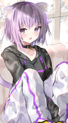  1revy :o animal_collar animal_ear_fluff animal_ears between_legs black_hoodie blush cat_ears cat_girl cat_tail collar collarbone commentary couch drawstring feet_out_of_frame female hand_between_legs highres hololive hood hood_down hoodie knees_up long_sleeves looking_at_viewer nekomata_okayu nekomata_okayu_(1st_costume) on_couch open_mouth pants purple_eyes purple_hair short_hair sitting solo tail virtual_youtuber white_pants 