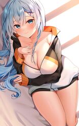  bad_id bad_twitter_id blue_eyes blue_hair blush breasts cleavage collarbone commentary cosplay female hair_ornament hand_on_own_chest highres jacket large_breasts long_hair long_sleeves looking_at_viewer lying natsuki_subaru natsuki_subaru_(cosplay) on_side raglan_sleeves re:zero_kara_hajimeru_isekai_seikatsu reel_(riru) rem_(re:zero) smile solo thighs track_jacket very_long_hair white_jacket x_hair_ornament 