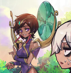  2girls bare_shoulders breasts brown_hair bush covered_navel dark-skinned_female dark_skin detached_sleeves dress electric_fan grass grin karma_(league_of_legends) large_breasts league_of_legends looking_at_another magic multiple_girls parted_lips phantom_ix_row profile purple_dress purple_eyes riven_(league_of_legends) short_hair sidelocks smile sweat teeth upper_body white_hair wind 