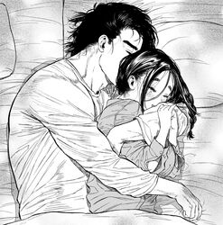  1boy bed blush braid breasts couple cuddling female greyscale kimidake long_hair long_sleeves lying mole mole_under_eye monochrome on_bed on_side original parted_bangs pillow smile spooning straight under_covers 