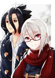  1boy azuri909 black_jacket blush collarbone commentary female glasses hair_between_eyes highres jacket kurokiba_ryou long_hair looking_at_viewer nakiri_alice pale_skin red-framed_eyewear red_eyes red_scarf scarf shirt shokugeki_no_souma short_hair smile white_hair white_shirt winter 