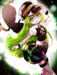  alina_gray black_bow black_hat black_vest blonde_hair blunt_ends bow chains detached_collar doppel_(madoka_magica) female fishnet_thighhighs fishnets fur_cuffs fur_trim gem green_eyes green_gemstone green_hair hair_between_eyes hat karaage_(torikkk) lapels long_hair looking_at_viewer magia_record:_mahou_shoujo_madoka_magica_gaiden magical_girl mahou_shoujo_madoka_magica multicolored_clothes multicolored_hair multicolored_skirt old_dorothy open_mouth peaked_cap pleated_skirt puffy_short_sleeves puffy_sleeves short_sleeves sidelocks silhouette skirt smile solo streaked_hair striped_clothes striped_skirt thighhighs vertical-striped_clothes vertical-striped_skirt vest waist_bow 