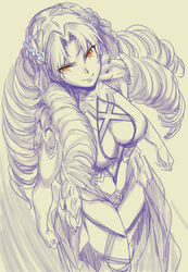  aoba_(smartbeat) astraea_(fate) astraea_(festival_outfit)_(fate) big_hair breasts cleavage clenched_hands drill_hair fate/grand_order fate_(series) female flower greyscale hair_flower hair_ornament highres large_breasts long_hair looking_at_viewer monochrome quad_drills smile solo spot_color very_long_hair yellow_eyes 