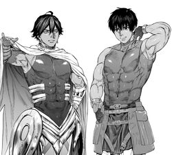  2boys abs ahoge arash_(fate) armor armpits belt cape covered_abs covered_navel dark-skinned_male dark_skin earrings egyptian egyptian_clothes fate/grand_order fate_(series) gloves greyscale grin hair_between_eyes hand_on_own_hip highres jewelry kimidake male_focus monochrome multiple_boys muscular muscular_male ozymandias_(fate) shiny_clothes short_hair skin_tight smile white_cape 