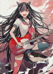  absurdres bangs black_hair black_nails blue_hair blue_legwear commentary_request danganronpa desk ear_piercing electric_guitar female guitar highres holding holding_instrument instrument jewelry leg_up lip_piercing long_hair looking_at_viewer mioda_ibuki mismatched_legwear multicolored_hair music neckerchief necklace open_mouth piercing pink_eyes pink_hair pink_legwear playing_instrument pleated_skirt postal_mark_(tsu_qq) school_desk school_uniform serafuku short_sleeves skirt smile solo super_danganronpa_2 teeth thighhighs torn_clothes torn_legwear very_long_hair white_hair 