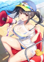  :d absurdres amakarashi baseball_cap bikini bikini_pull bikini_under_clothes black_hair blush breasts chair clothes_pull day eyewear_on_headwear female hat highres holding holding_megaphone large_breasts looking_at_viewer megaphone no_pants original outdoors pool red_eyes rubber_duck shiny_skin shirt sitting smile solo sports_sunglasses sunglasses swimsuit t-shirt thighs twintails water wet wet_clothes wet_shirt 