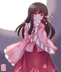  alternate_costume black_hair blunt_bangs branch collared_shirt cosplay female hatsuyuki_(kancolle) highres houraisan_kaguya houraisan_kaguya_(cosplay) japanese_clothes jeweled_branch_of_hourai kanon_(kurogane_knights) kantai_collection kimono long_hair long_skirt long_sleeves look-alike night pink_shirt red_skirt shirt skirt sleeves_past_wrists touhou wide_sleeves 