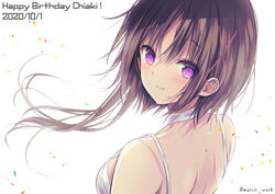  back bare_back bare_shoulders blush brown_hair choker dated dress female hagino_chiaki hair_ornament happy_birthday hinako_note looking_back march-bunny purple_eyes short_hair_with_long_locks smile solo twitter_username x_hair_ornament 