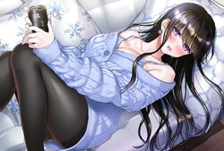  abe_hikaru alcohol ass black_hair black_pantyhose blue_nails blue_sweater blue_tank_top blush breasts buttons can cleavage couch dress drink_can female highres holding knees_together_feet_apart large_breasts long_hair lying nail_polish off-shoulder_sweater off_shoulder open_mouth original pantyhose pillow purple_eyes sidelocks soda_can solo sweater sweater_dress tank_top teeth thighs upper_teeth_only 