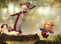  1boy :d black_eyes blonde_hair blue_jacket blurry blurry_background calvin_&amp;_hobbes calvin_(calvin_&amp;_hobbes) day derivative_work grass hobbes_(calvin_&amp;_hobbes) jacket jumping lolicon long_sleeves male_focus open_clothes open_jacket open_mouth outdoors red_shirt shirt short_hair shorts smile spiked_hair standing standing_on_one_leg tail tiger tree_stump yangyexin 