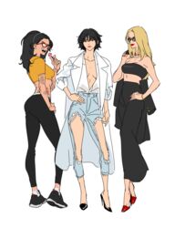  3girls arm_tattoo bare_shoulders black_footwear black_hair blonde_hair bracelet brown_eyes candy closed_mouth collarbone crop_top denim devil_may_cry_(series) devil_may_cry_5 fingernails food glasses green_eyes hand_on_own_hip heterochromia high_heels holding holding_candy holding_food holding_lollipop jeans jewelry korean_commentary lady_(devil_may_cry) lollipop long_hair looking_back mlxgdog multiple_girls nico_(devil_may_cry) open_mouth pants red-framed_eyewear red_eyes red_footwear red_lips red_nails short_hair simple_background sleeves_rolled_up smile standing sunglasses tattoo teeth tongue torn_clothes torn_jeans torn_legwear torn_pants trish_(devil_may_cry) upper_teeth_only white_background 