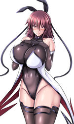  absurdres bare_shoulders blush bodysuit breasts brown_leotard covered_collarbone covered_navel elbow_gloves female gloves grey_ribbon hair_ribbon highres huge_breasts impossible_bodysuit impossible_clothes impossible_leotard kanna_(minamozuki) leotard long_hair looking_at_viewer mature_female mizuki_shiranui red_eyes ribbon skin_tight smile solo taimanin_(series) taimanin_suit taimanin_yukikaze thighhighs thighs 