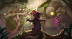  1boy angry commentary_request covering_own_mouth daisy_(league_of_legends) fangs food forest fruit glowing hand_over_own_mouth highres holding ivern leaf league_of_legends little_legend male_focus mushroom nature outdoors pix_(league_of_legends) pointing rock staff teamfight_tactics tongue tree tree_boy yangyexin 