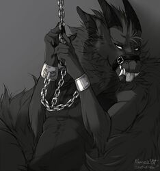  anthro belt black_and_white bodily_fluids bondage bondage bound chained chains cuff_(restraint) dragon dungeon fantasy fur furred_dragon furred_scalie gag hi_res male monochrome morrogh muzzle_(object) mythological_creature mythological_scalie mythology nemesisilit nude prisoner restrained restraints saliva scalie shackles slave solo submissive submissive_male tongue tongue_out 