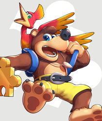  3_toes avian backpack banjo-kazooie banjo_(banjo-kazooie) barefoot beak bear belt blue_eyes bottomwear breegull brown_body brown_fur clothing feathered_wings feathers feet female fur gonzarez1938 green_eyes hi_res kazooie male mammal open_mouth puzzle_piece rareware shorts teeth toes tongue wings 