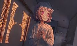  calendar_(object) commentary_request female highres indoors magan0301 original own_hands_together parted_lips phone pink_eyes pink_hair refrigerator shade shadow short_hair solo sunlight sunrise sweater twilight upper_body white_sweater window_blinds window_shadow 