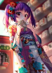  blue_nails blurry blurry_background blush bow commentary commission covered_mouth day depth_of_field ema english_commentary female fire_emblem fire_emblem:_the_sacred_stones floral_print hair_ornament hairbow hands_up holding japanese_clothes kashi_kosugi kimono long_sleeves looking_at_viewer multicolored_nails myrrh_(fire_emblem) obi outdoors print_kimono purple_hair purple_kimono purple_nails red_bow red_eyes sash solo standing twintails unmoving_pattern wide_sleeves 