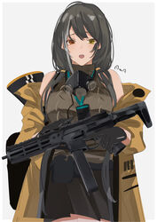  artist_name black_gloves black_hair black_skirt breasts brown_sweater_vest clothes_pull colt_9mm_smg female girls&#039;_frontline gloves gun heterochromia highres holding holding_gun holding_weapon jacket jacket_pull long_hair looking_at_viewer mask mask_around_neck multicolored_hair noveske_space_invader open_clothes open_jacket open_mouth red_eyes respirator ro635_(girls&#039;_frontline) skirt solo standing submachine_gun sutekina_awa sweater_vest teeth upper_teeth_only weapon white_background yellow_eyes yellow_jacket 