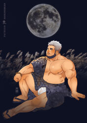  1boy asa_no_ha_(pattern) bara bare_pectorals bead_bracelet beads beard black_background blush bracelet bulge commentary daisukebear dark-skinned_male dark_skin facial_hair from_side full_body full_moon fundoshi gradient_hair grey_hair hadanugi_dousa hand_on_floor huge_moon japanese_clothes jewelry large_pectorals looking_ahead male_focus male_underwear mature_male mixed-language_commentary moon multicolored_hair muscular muscular_male nipples nose_blush original pectorals see-through seigaiha short_hair sitting slippers solo stomach thick_eyebrows thighs underwear wet wet_clothes wet_fundoshi wet_male_underwear white_male_underwear 