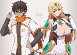  1boy bare_shoulders breasts brown_eyes chest_jewel cleavage cleavage_cutout clothing_cutout covered_navel cowboy_shot dark-skinned_male dark_skin dress elbow_gloves female gloves highres large_breasts long_hair mythra_(xenoblade) orange_scarf ponponmaru scarf short_dress swept_bangs taion_(xenoblade) tan_background tiara trait_connection very_long_hair white_dress white_gloves xenoblade_chronicles_(series) xenoblade_chronicles_2 xenoblade_chronicles_3 yellow_eyes 