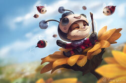  1boy :3 :d alternate_color animal bee bee_hat beemo blurry blurry_background bodysuit bug closed_eyes flower fur_trim happy highres holding league_of_legends male_focus mittens open_mouth outdoors red_bodysuit smile sunflower teemo wings yangyexin yordle 