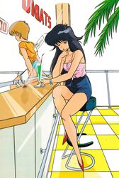  1980s_(style) 2girls ayukawa_madoka black_hair blue_skirt counter cup drink drinking_glass drinking_straw highres hiyama_hikaru kimagure_orange_road long_hair menu miniskirt multiple_girls non-web_source official_art orange_hair railing red_footwear retro_artstyle short_hair sitting skirt spaghetti_strap stool tile_floor tiles 