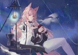  animal_ear_fluff animal_ears arknights black_shirt blurry blurry_foreground breasts cloud commentary_request cup dayouyudareshui depth_of_field feet_out_of_frame female highres holding holding_cup jacket lantern long_hair looking_at_viewer medium_breasts mug night night_sky pantyhose parted_lips pink_eyes pink_hair pozyomka_(arknights) pozyomka_(snowy_plains_in_words)_(arknights) shirt sitting sky solo star_(sky) starry_sky very_long_hair white_jacket white_pantyhose 