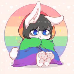  1:1 :3 bedding black_hair blanket blue_eyes colorful_theme female flag flag_(object) hair hare heart_background heart_symbol jessy_walkers lagomorph leporid lgbt_pride lynadolce mammal mountain_hare multicolored_bedding multicolored_blanket paws pride_color_background pride_color_bedding pride_color_blanket pride_color_flag pride_colors rainbow rainbow_background rainbow_flag rainbow_pride_colors rainbow_pride_flag rainbow_symbol simple_background six-stripe_rainbow_pride_colors solo sparkles wearing_flag 