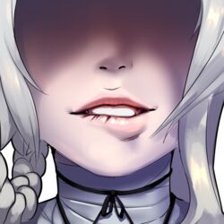  asymmetrical_hair bandaged_neck bandages bikupan biting_own_lip braid braided_hair_rings choker close-up commission english_commentary female hair_rings head_out_of_frame kaine_(nier) lips nier nier_(series) ribbon_choker shaded_face side_braid solo white_hair 