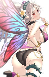  1girls absurdres adjusting_clothes adjusting_swimsuit alternate_costume ass ass_cleavage back back_view bangs bikini black_bikini black_swimsuit blush bracelet breasts butt_crack commentary_request facial_mark fairy fairy_wings female female_only finger_to_mouth fingernails fire_emblem fire_emblem_heroes flower forehead_mark from_behind gonzarez grey_hair hair_flower hair_ornament highres jewelry large_ass large_breasts leg_up lips long_hair looking_back naughty_face nintendo official_alternate_costume parted_bangs plumeria_(fire_emblem) plumeria_(summer)_(fire_emblem) pointy_ears ponytail red_eyes sandals seductive_smile sideboob simple_background smile solo sweat sweatdrop swimsuit thigh_strap thighs thorns tied_hair wet white_background wings 