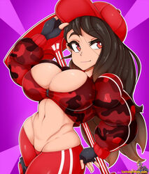  1girls aitrellos breasts brown_hair buff camo camouflage fingerless_gloves fortnite fortnite:_battle_royale hat huge_breasts long_hair pickaxe red_eyes red_hat ruby_(fortnite) safe simple_background slight_smile smirk strong tagme 