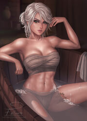  1girls bandaged_chest bathing breasts cd_projekt_red chest_wraps ciri cleavage eollynart erect_nipples female female_only green_eyes highres large_breasts looking_at_viewer navel nipple_bulge panties sarashi scar tattoo the_witcher_(series) the_witcher_3:_wild_hunt white_hair wrapping 