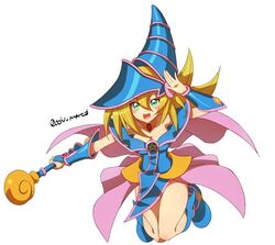  blonde_hair blue_footwear blush dark_magician_girl duel_monster female green_eyes hair_between_eyes hat holding holding_wand long_hair looking_at_viewer ochi_marco open_mouth pendant_choker showgirl_skirt simple_background smile wand white_background wizard_hat yu-gi-oh! 