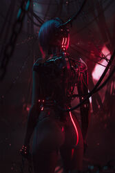  3d arms_at_sides ass back blender_(medium) cable chains clenched_hand cyberpunk_(series) cyberpunk_2077 cyborg ecksoh feet_out_of_frame female from_behind highres holding holding_chain mechanical_arms mechanical_head mechanical_parts mechanical_spine red_theme short_hair solo songbird_(cyberpunk) standing 