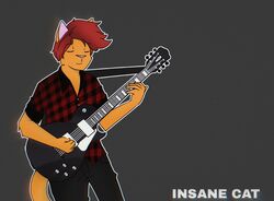  anthro clothing felid feline fur guitar hair insanecat male mammal musical_instrument orange_body orange_fur pattern_clothing pattern_shirt pattern_topwear plucked_string_instrument red_hair shirt smile solo string_instrument topwear 