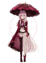  absurdres bare_shoulders black_footwear black_gloves black_shorts black_thighhighs black_umbrella boots commentary dress female frilled_sleeves frills full_body gloves grey_hair hair_between_eyes hair_intakes highres holding holding_umbrella honkai_(series) honkai_impact_3rd long_hair long_sleeves petals purple_eyes red_dress rosu_(rostar1r) short_shorts shorts single_thighhigh solo standing symbol-only_commentary thelema_(honkai_impact) thighhighs thighhighs_under_boots umbrella very_long_hair white_background wide_sleeves 