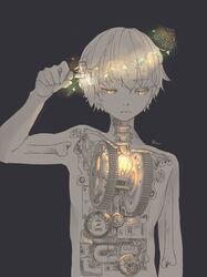  1boy android arm_up crank eveyeil eyelashes feline frown gauge gears glowing grey_background highres light_bulb limited_palette looking_down male_focus mechanical_parts original short_hair skeleton solo sparkle star_(sky) x-ray yellow_eyes 