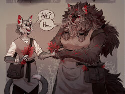  2020 anthro anthrofied apron bag biped breasts cat-with-horns cinderpelt_(warriors) clothed clothing dialogue digital_drawing_(artwork) digital_media_(artwork) domestic_cat duo english_text felid feline felis female fluffy frown fur grey_body grey_fur grey_hair grey_theme hair holding_plant larger_anthro larger_female mammal open_mouth open_smile pictographics red_eyes scar shaded size_difference smaller_anthro smaller_female smile speech_bubble tail text warriors_(book_series) whiskers yellowfang_(warriors) 